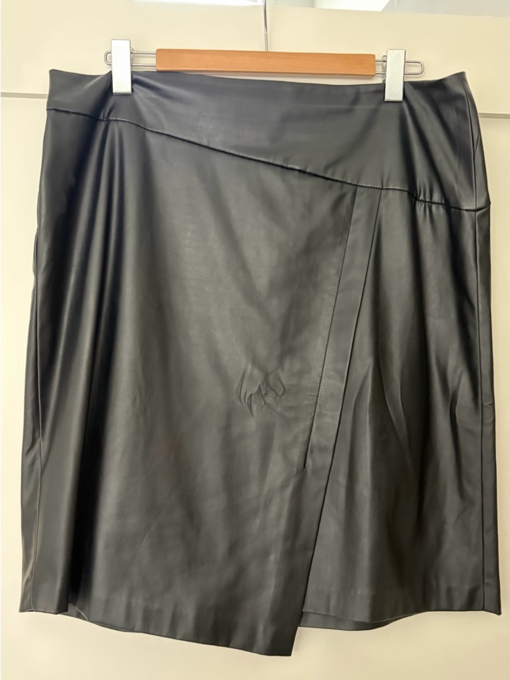 DKNY Black Faux Leather Midi Skirt with Wrap Panel